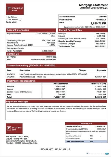 Download India IDFC First Bank mortgage statement Word and PDF template Photoshop template